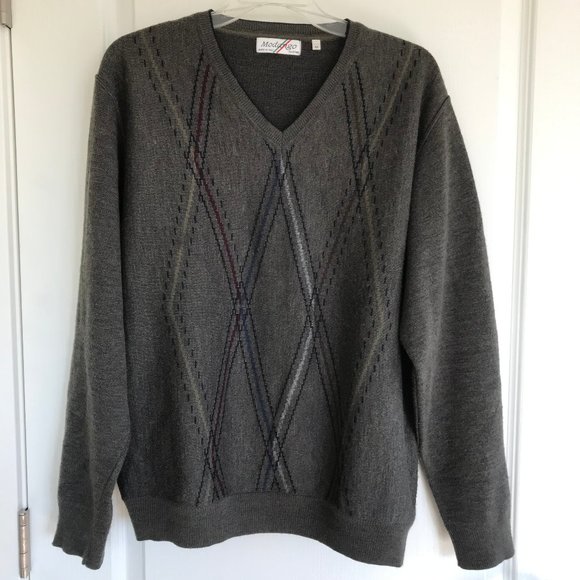 Modango Wool Blend Pullover Sweater Grey Heather Abstract Stripe Made in Italy - Picture 6 of 7